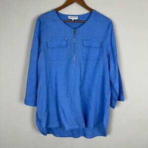 Jones New York‎ Top Womens Large Blue 100% Linen 3/4 Tab Sleeve 1/4 Zip Resort L